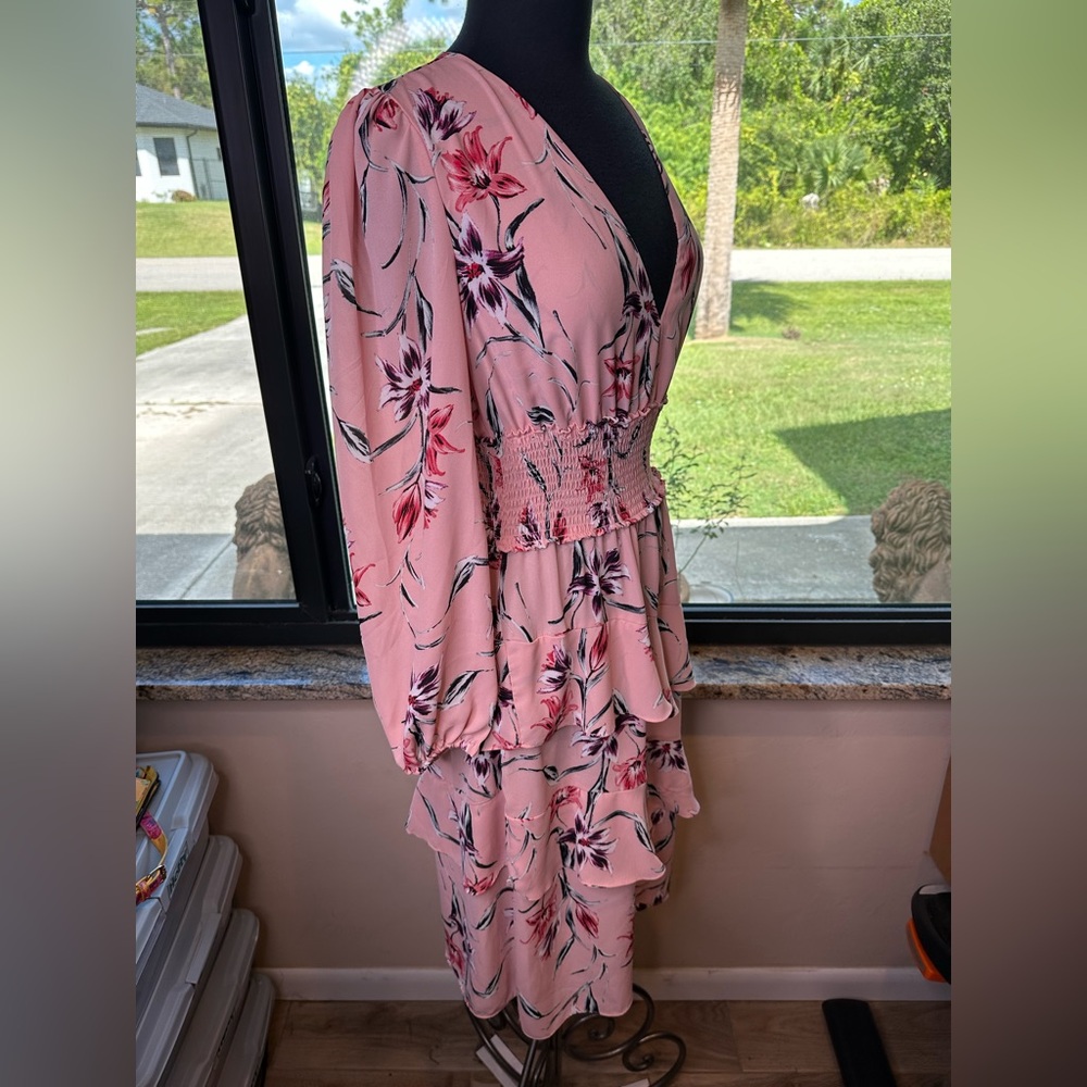 Free Press - V Neck Smocked Waist Ruffle Floral Chiffon Dress- Size Small - Picture 3 of 6